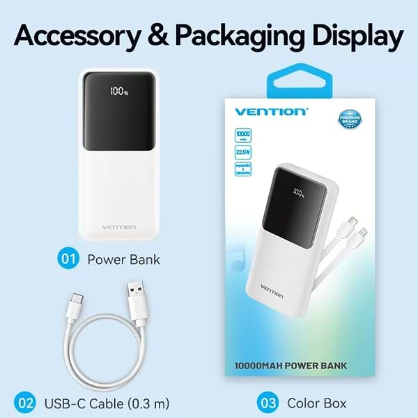 Фото - Батарея мобільна Vention 10000mAh 22.5W 3A PD Micro-USB,USB-C,2xUSB-A Built-in USB-C+Lightning Cables White (FHOW0)