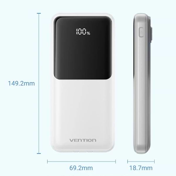 Фото - Батарея мобільна Vention 10000mAh 22.5W 3A PD Micro-USB,USB-C,2xUSB-A Built-in USB-C+Lightning Cables White (FHOW0)