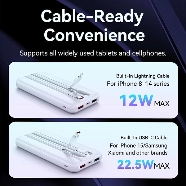 Фото - Батарея мобільна Vention 10000mAh 22.5W 3A PD Micro-USB,USB-C,2xUSB-A Built-in USB-C+Lightning Cables White (FHOW0)