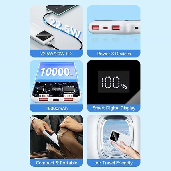 Фото - Батарея мобільна Vention 10000mAh 22.5W 3A,PD QC 3.0 Micro-USB USB-C,2xUSB-A LED Display Black (FHKB0)