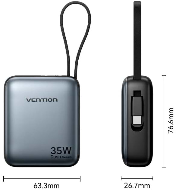 Фото - Батарея мобільна Vention 10000mAh 35W 3A PD Fast Charging 1хType-C OUT with Built-in USB-C Cable LED Display Gray (FHEH0)