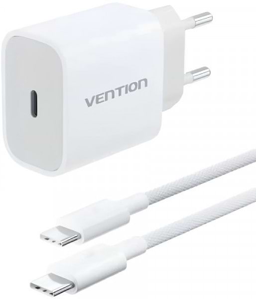 Сетевое зарядное устройство Vention 1xUSB-C 20W + USB-C cable М-М White (G16W0-EU)