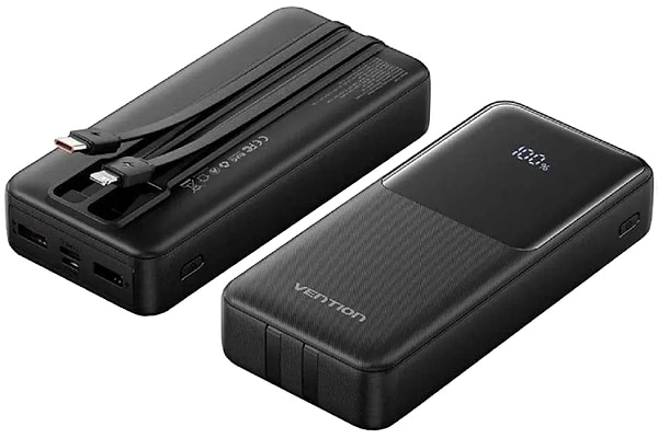 Фото - Батарея мобільна Vention 20000mAh 22.5W 3A PD Micro-USB,USB-C,2xUSB-A Built-in USB-C+Lightning Cables Black (FHPB0)
