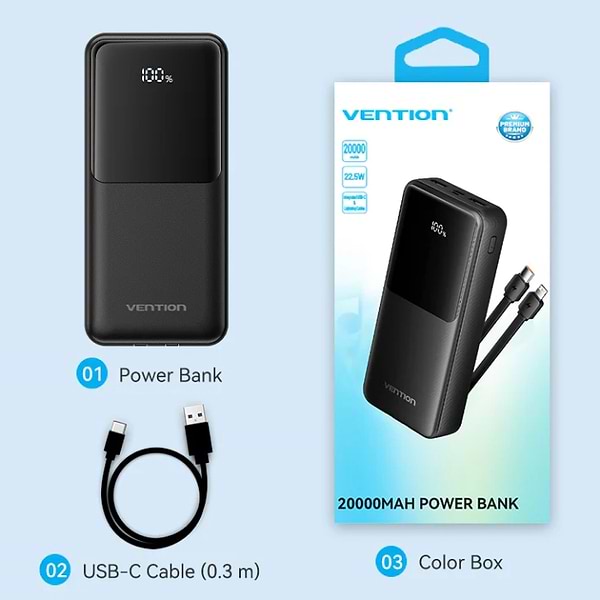 Фото - Батарея мобільна Vention 20000mAh 22.5W 3A PD Micro-USB,USB-C,2xUSB-A Built-in USB-C+Lightning Cables Black (FHPB0)