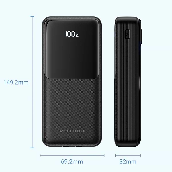Фото - Батарея мобільна Vention 20000mAh 22.5W 3A PD Micro-USB,USB-C,2xUSB-A Built-in USB-C+Lightning Cables Black (FHPB0)