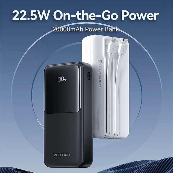 Фото - Батарея мобільна Vention 20000mAh 22.5W 3A PD Micro-USB,USB-C,2xUSB-A Built-in USB-C+Lightning Cables Black (FHPB0)