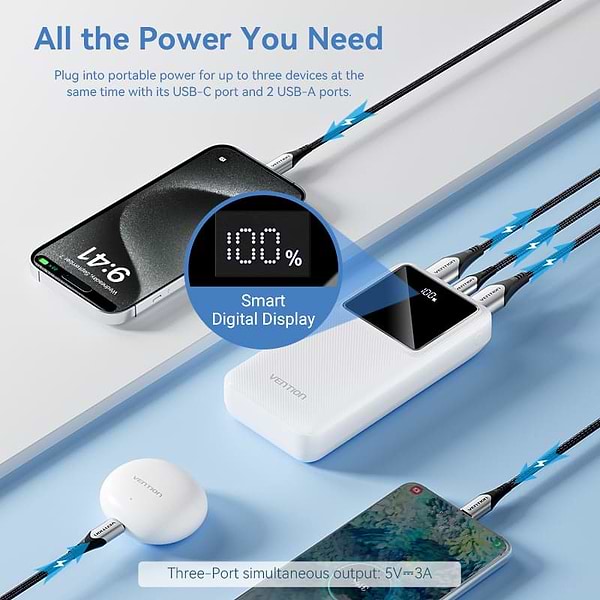 Фото - Батарея мобільна Vention 20000mAh 22.5W 3A QC 3.0 PD Micro-USB,USB-C 2xUSB-A LED Display Black (FHLB0)