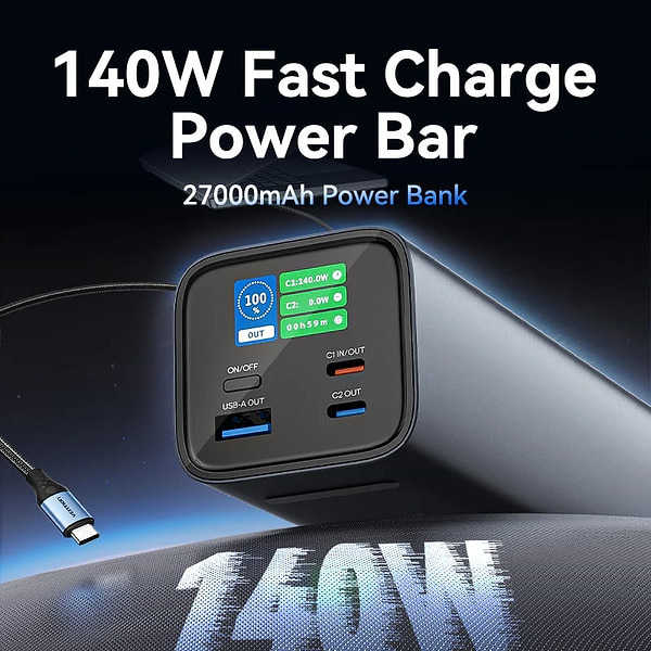 Фото - Батарея мобильная Vention 27000mAh 140W 5A PD QC3.0 2xUSB-C, USB-A LED Display Gray (FHVH0)