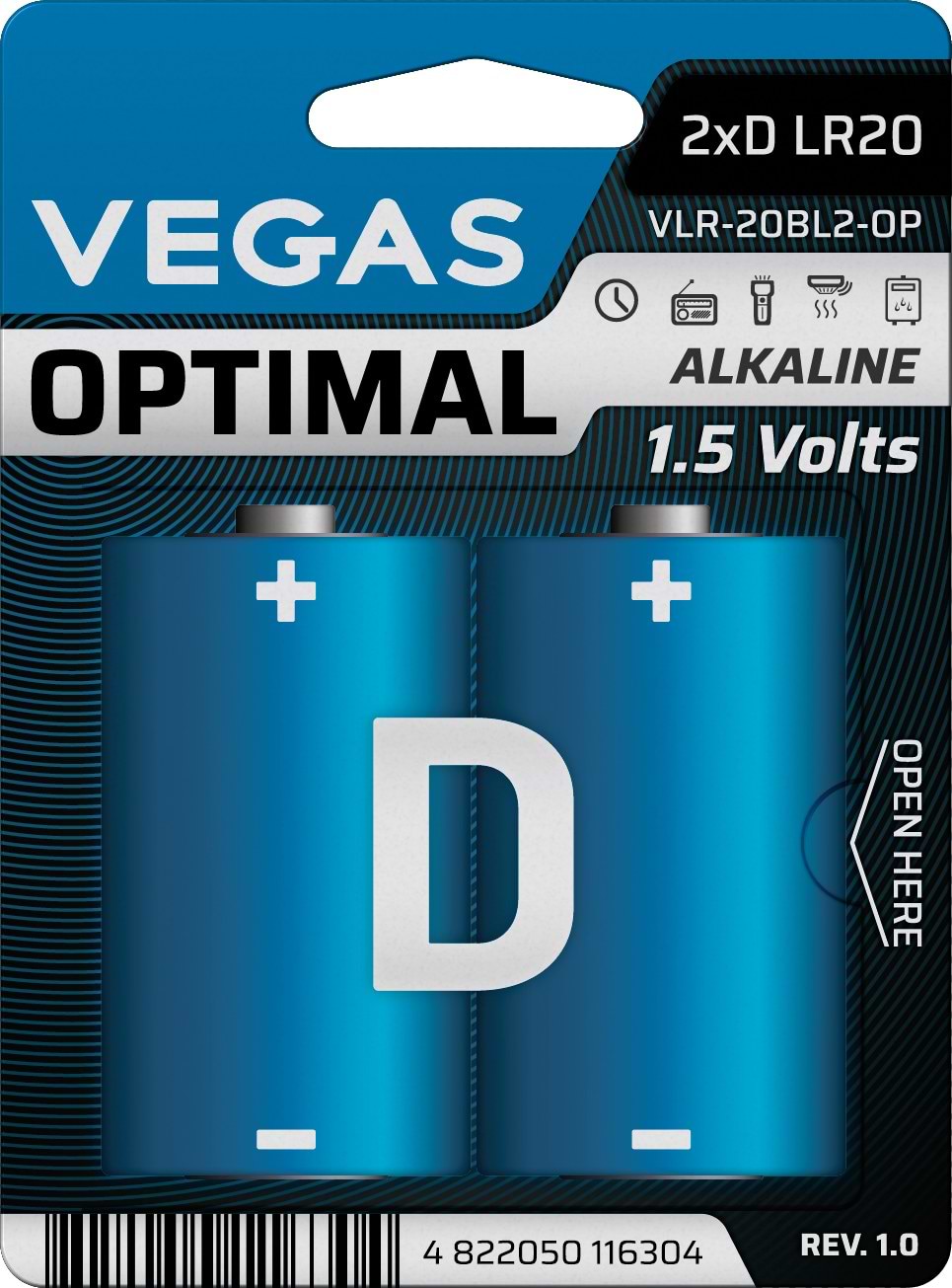 Батарейка тип D (LR-20) Vegas Optimal VLR-20BL2-OP