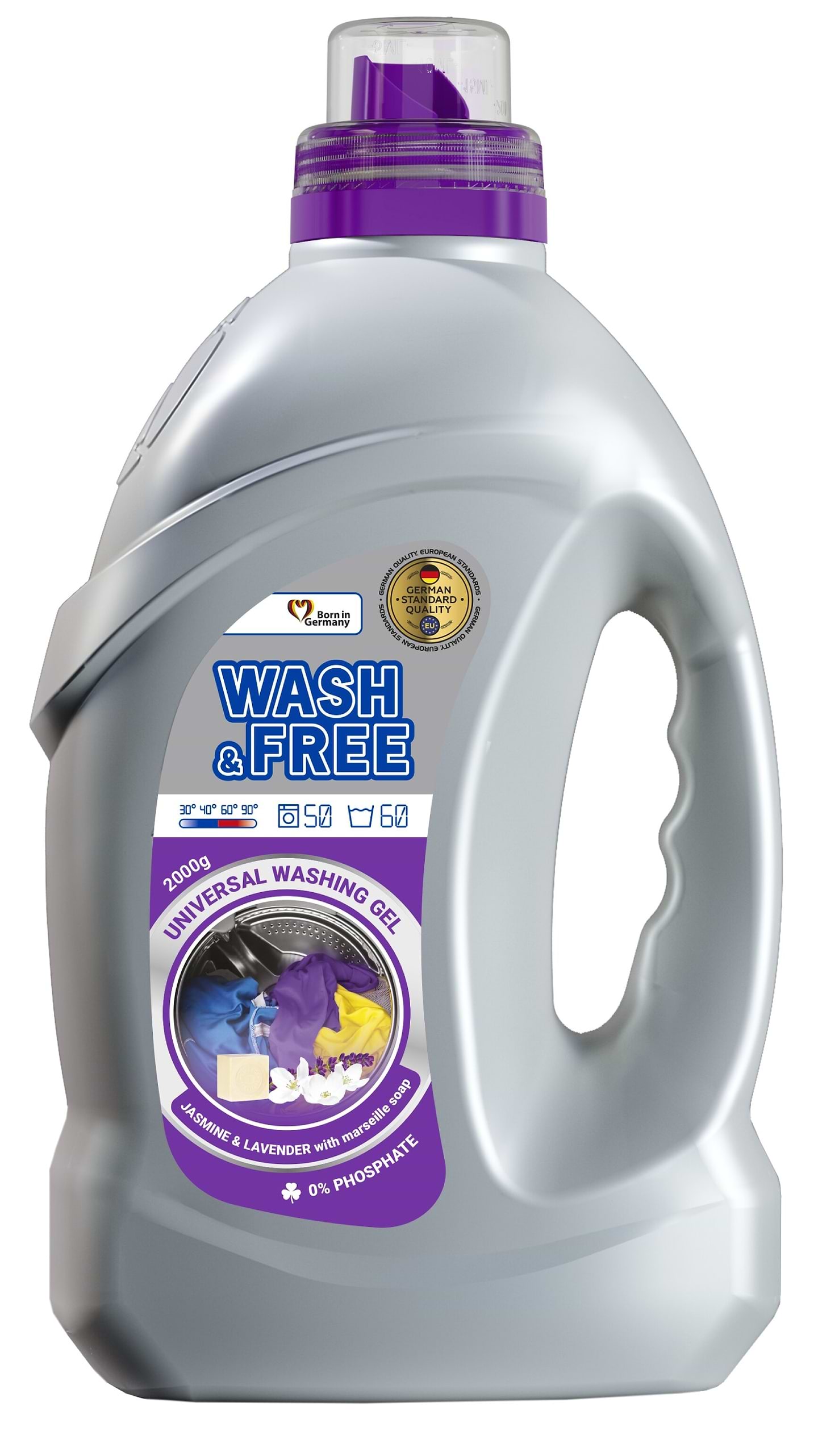 Гель для прання WASH & FREE Універсальний Жасмин та лаванда з марсельським милом 2000г - Фото 1