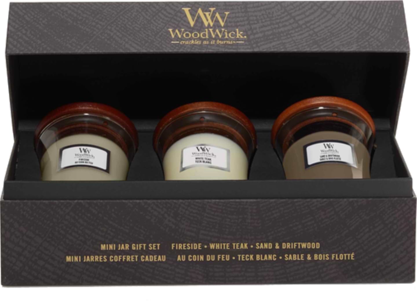 Набор свечей Woodwick mini Fireside, White Teak, Sand & Driftwoodb(Камин, Белый сандал, Песок и коряги) 3шт (1741952E) - Фото 1