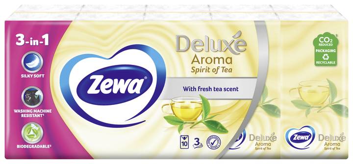 Фото - Салфетки гигиенические сухие Zewa Deluxe с ароматом чая 3-слойные 10 шт. (7322540061475)