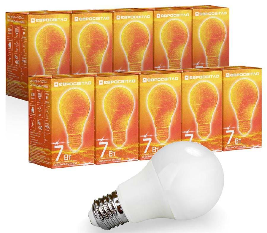 Лампочка світлодіодна Євросвітло 7Вт 4200К A-7-4200-27 Е27 10 шт. (000058940)