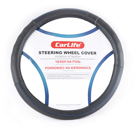 Чехол на руль CarLife из искусственной кожи черный с синей нитью (SW113XL)