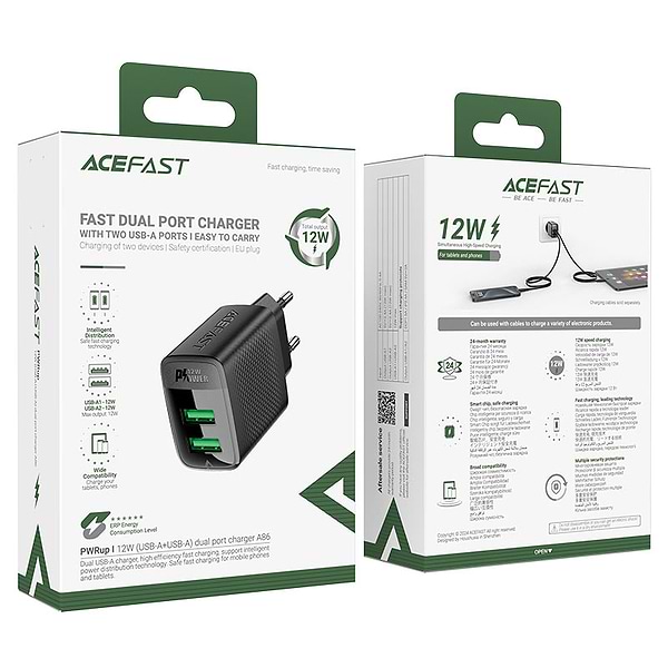 Фото - Сетевое зарядное устройство AceFast 2xUSB 12W (USB-Ax2) A86 Black (6974316283270)