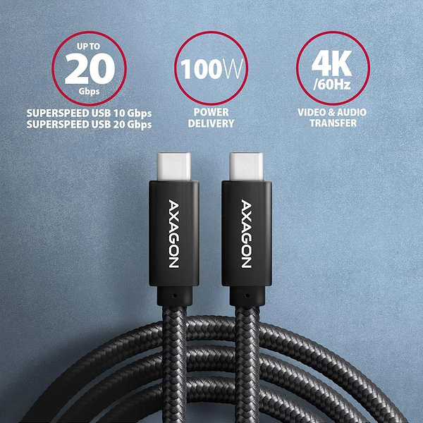 Фото - Кабель синхронізації даних AXAGON USB-C 3.2 Gen 2, 2m, PD 100W, 5A, 4K HD, Black (BUCM32-CM20AB)