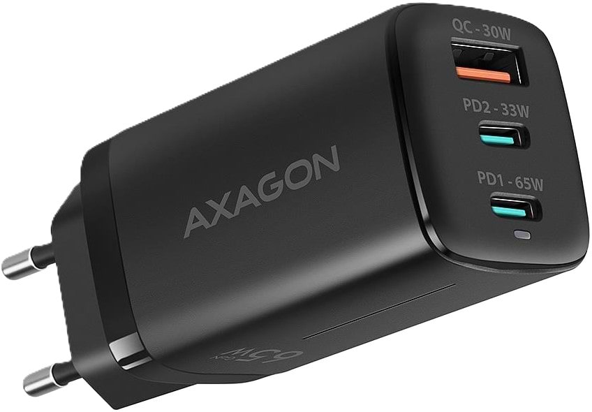 Мережевий зарядний пристрій AXAGON 3x port (USB + dual USB-C), PD3.0/QC4+/PPS/Apple, 65W Black (ACU-DPQ65) - Фото 1