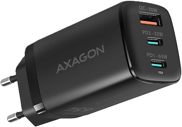 Фото - Мережевий зарядний пристрій AXAGON 3x port (USB + dual USB-C), PD3.0/QC4+/PPS/Apple, 65W Black (ACU-DPQ65)