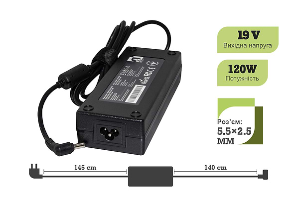Фото - Зарядний пристрій для ноутбука 1stCharger Asus 120W 19V 6.32A 5.5x2.5 силовий кабель Retail BOX (AC1STAS120WB)