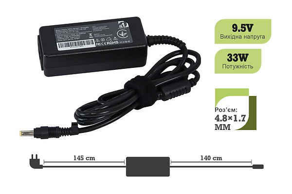 Фото - Зарядное устройство для ноутбука 1stCharger Asus 33W 9.5V 3.5A 4.8x1.7 силовой кабель (AC1STAS33WD1)