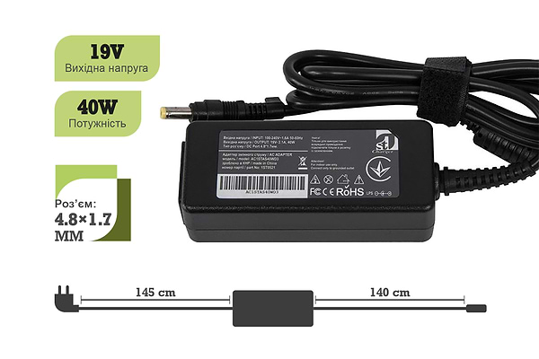 Фото - Зарядное устройство для ноутбука 1stCharger Asus 40W 19V 2.1A 4.8x1.7 силовой кабель (AC1STAS40WD3)