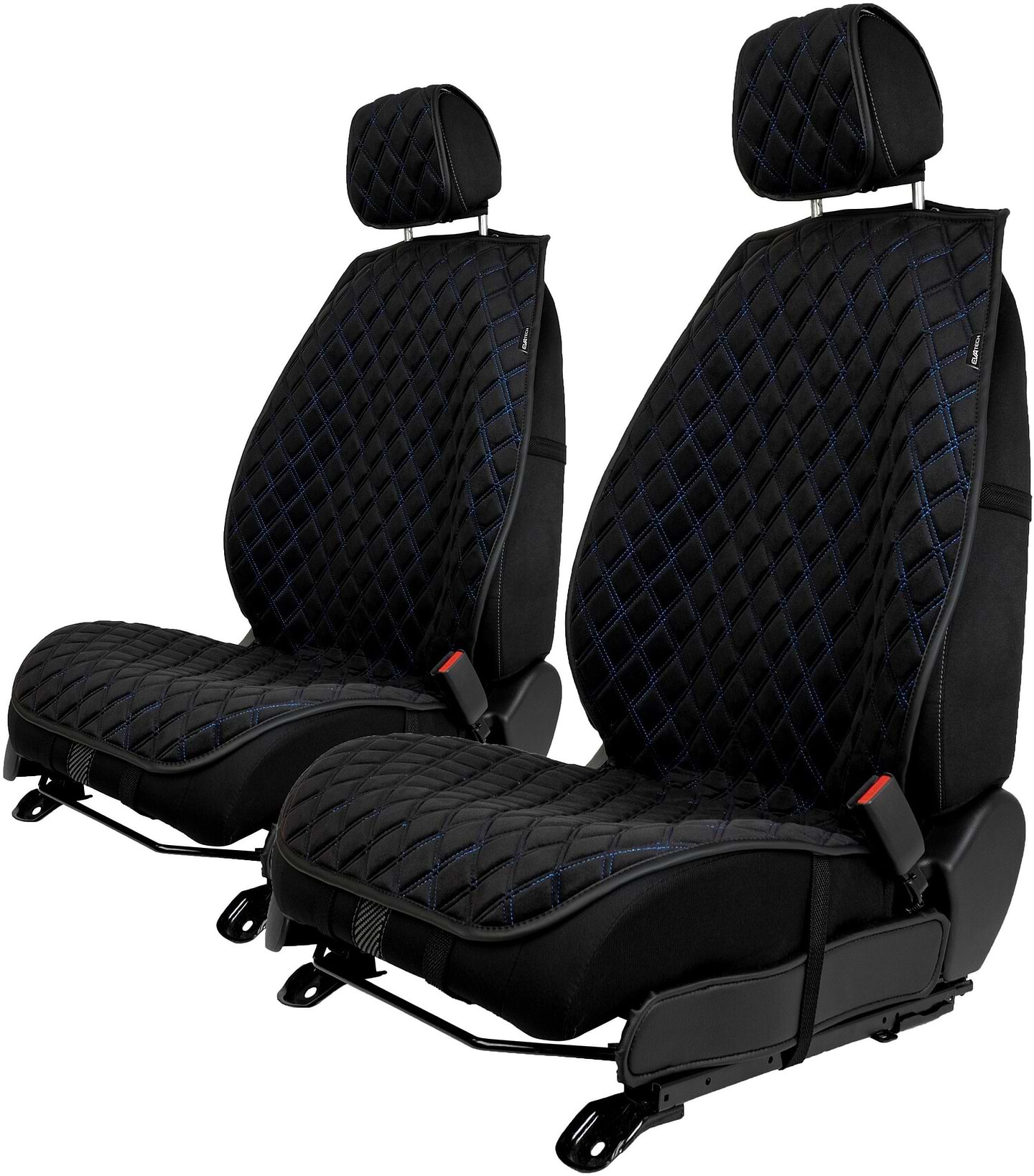 Комплект накидок на сидіння автомобіля EVAtech з алькантари чорні з синьою ниткою, чорний кант, великий ромб 2 шт ACASDHRBLB