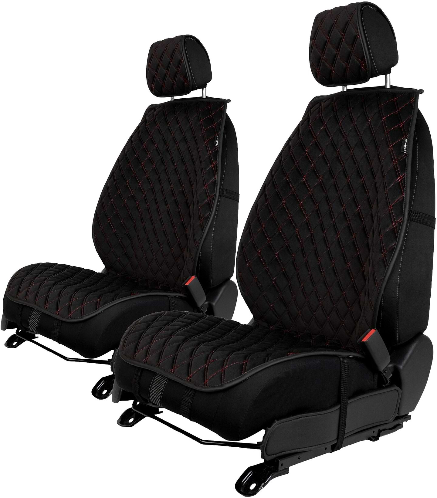 Комплект накидок на сидіння автомобіля EVAtech з алькантари чорні з червоною ниткою, чорний кант, великий ромб 2 шт ACASDHRBRB