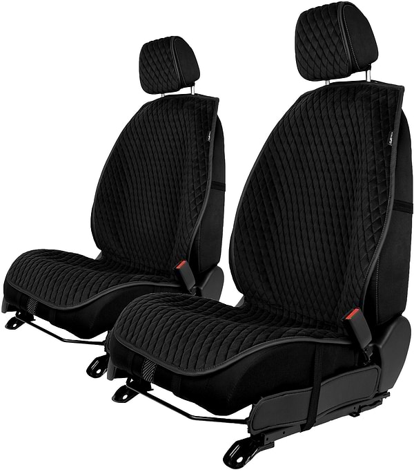 Фото - Комплект накидок на сиденье автомобиля EVAtech из алькантары черные с черной нитью, черный кант, малый ромб 2 шт ACASDMRBBB