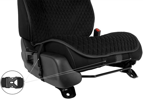 Фото - Комплект накидок на сиденье автомобиля EVAtech из алькантары черные с черной нитью, черный кант, малый ромб 2 шт ACASDMRBBB