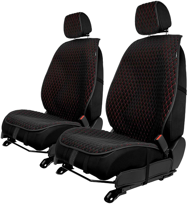 Фото - Комплект накидок на сиденье автомобиля EVAtech из алькантары черные с красной нитью, черный кант, малый ромб 2 шт ACASDMRBRB Фото - Комплект накидок на сиденье автомобиля EVAtech из алькантары черные с красной нитью, черный кант, малый ромб 2 шт ACASDMRBRB