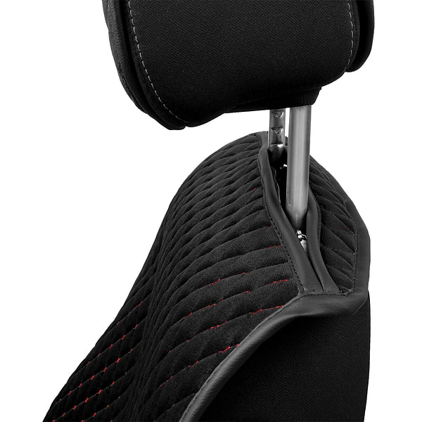 Фото - Комплект накидок на сиденье автомобиля EVAtech из алькантары черные с красной нитью, черный кант, малый ромб 2 шт ACASDMRBRB