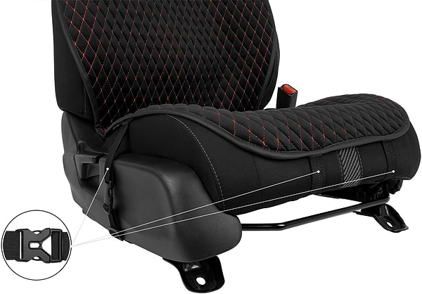 Фото - Комплект накидок на сиденье автомобиля EVAtech из алькантары черные с красной нитью, черный кант, малый ромб 2 шт ACASDMRBRB