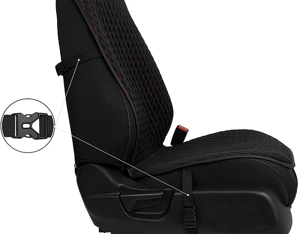 Фото - Комплект накидок на сиденье автомобиля EVAtech из алькантары черные с красной нитью, черный кант, малый ромб 2 шт ACASDMRBRB