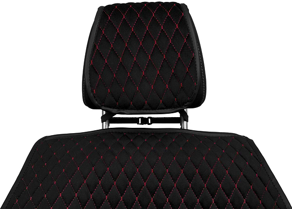 Фото - Комплект накидок на сиденье автомобиля EVAtech из алькантары черные с красной нитью, черный кант, малый ромб 2 шт ACASDMRBRB