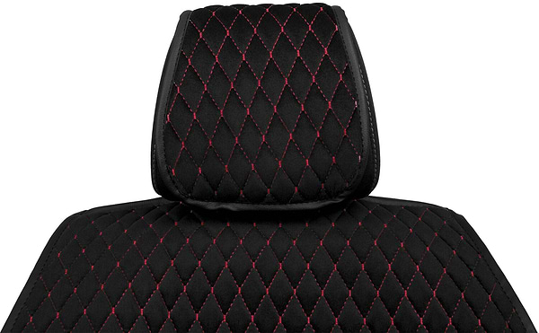 Фото - Комплект накидок на сиденье автомобиля EVAtech из алькантары черные с красной нитью, черный кант, малый ромб 2 шт ACASDMRBRB