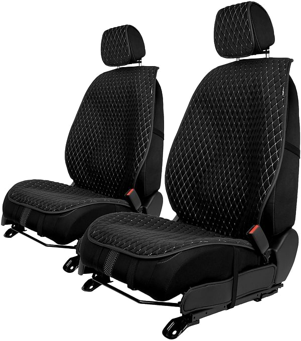 Фото - Комплект накидок на сиденье автомобиля EVAtech из алькантары черные с белой нитью, черный кант, малый ромб 2 шт ACASDMRBWB