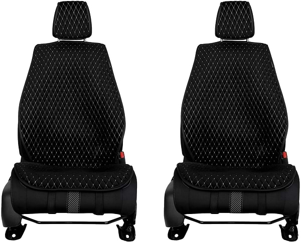 Фото - Комплект накидок на сиденье автомобиля EVAtech из алькантары черные с белой нитью, черный кант, малый ромб 2 шт ACASDMRBWB
