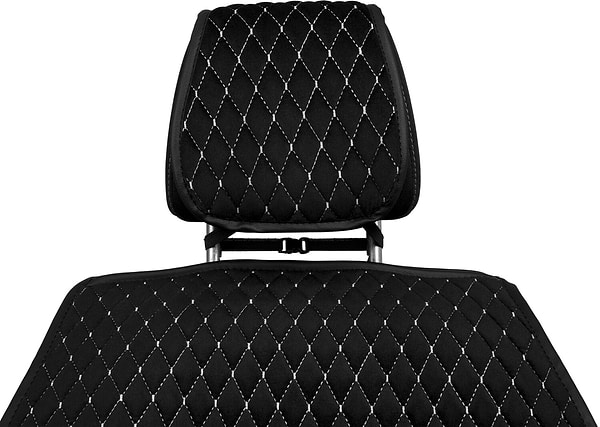 Фото - Комплект накидок на сиденье автомобиля EVAtech из алькантары черные с белой нитью, черный кант, малый ромб 2 шт ACASDMRBWB