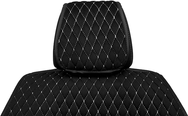 Фото - Комплект накидок на сиденье автомобиля EVAtech из алькантары черные с белой нитью, черный кант, малый ромб 2 шт ACASDMRBWB