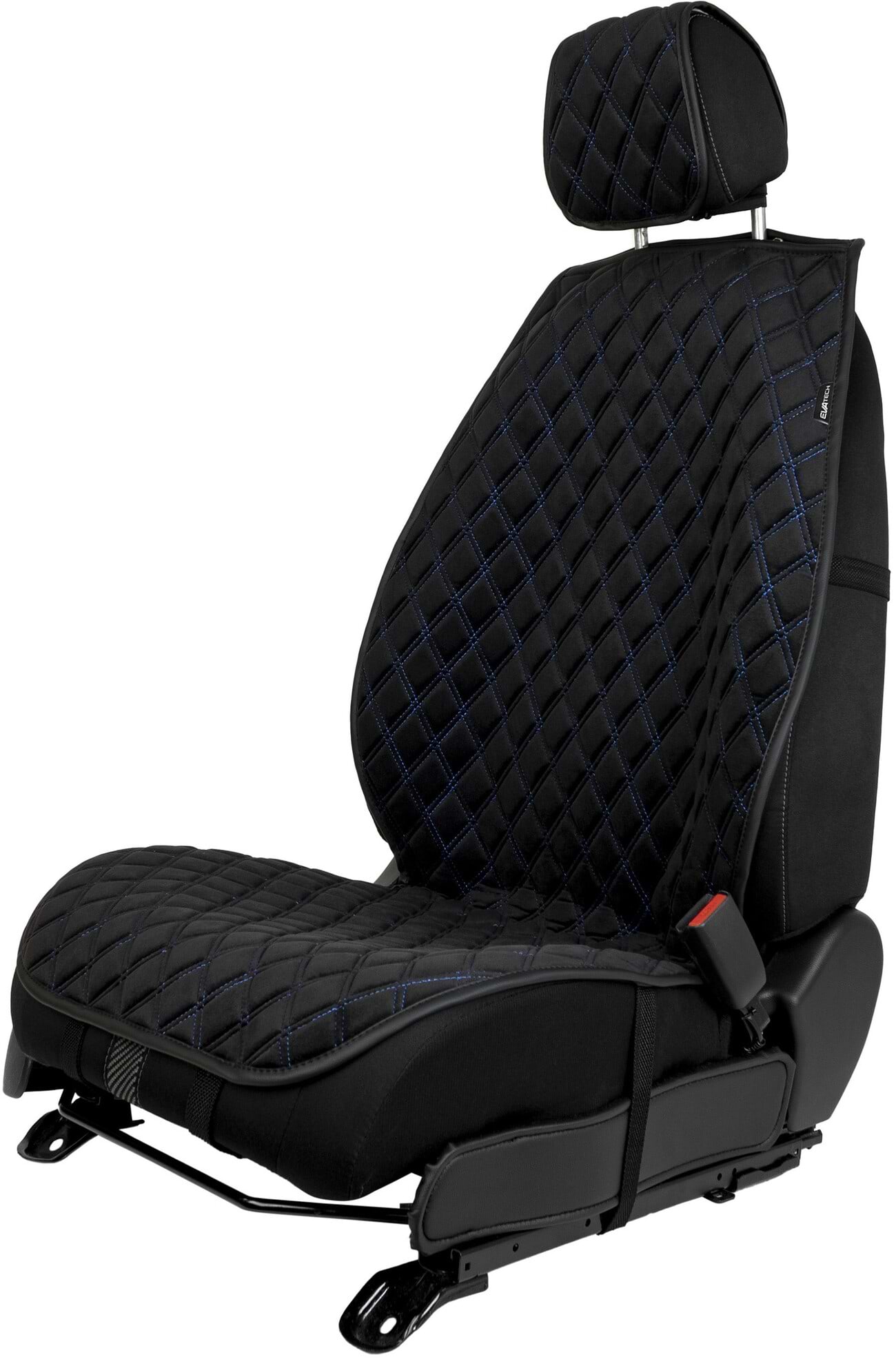 Накидка на сидіння автомобіля EVAtech з алькантари чорна з синьою ниткою, чорний кант, великий ромб ACASHRBLB