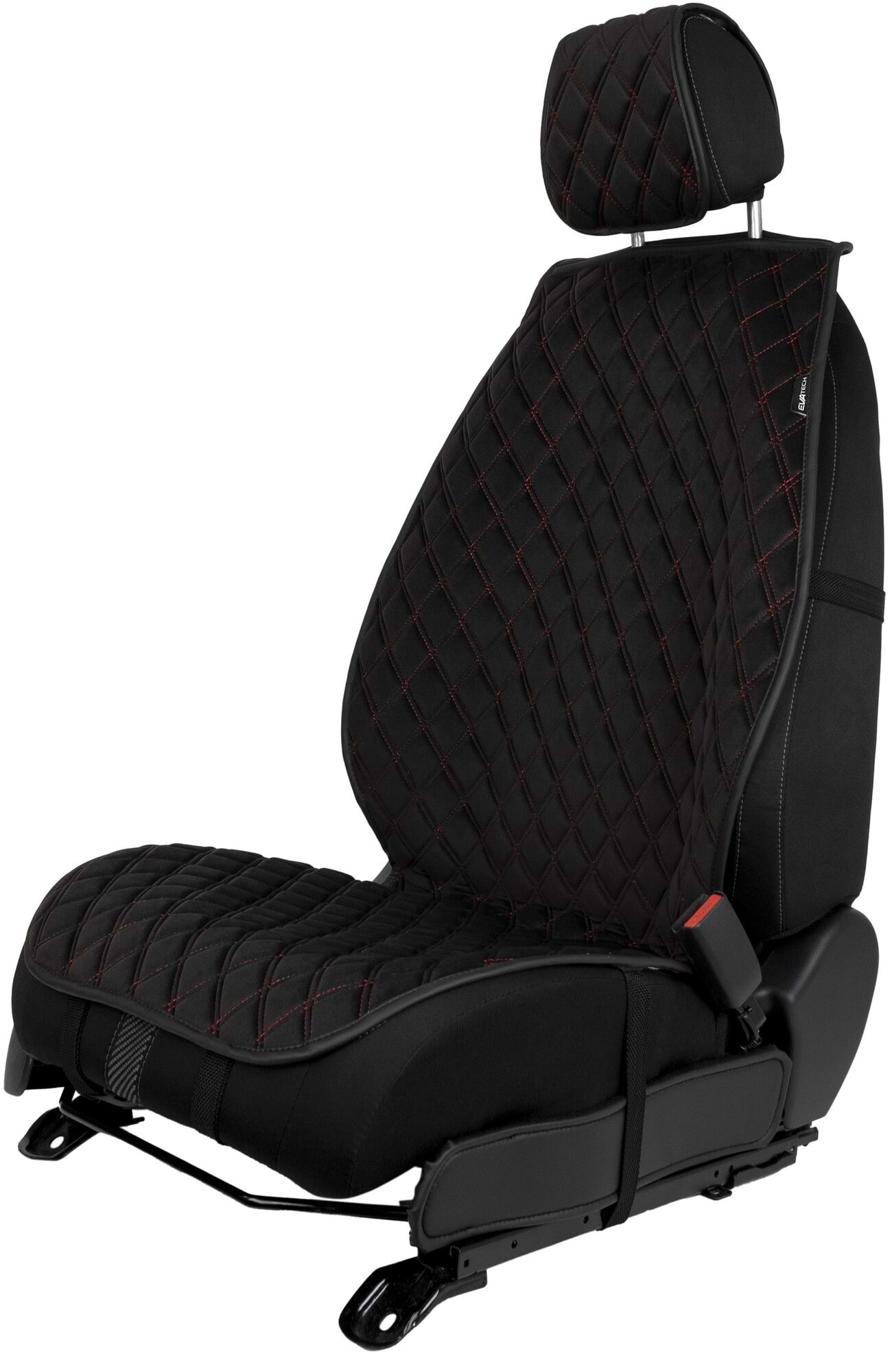 Накидка на сидіння автомобіля EVAtech з алькантари чорна з червоною ниткою, чорний кант, великий ромб ACASHRBRB