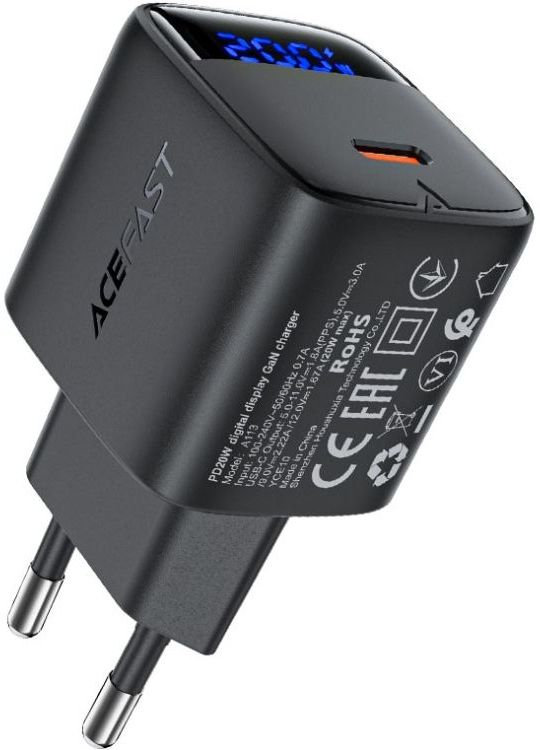 Сетевое зарядное устройство AceFast 1xUSB-C 20W Gan A113 Fast Charger + USB-C cable with digital display black (6974316284420)