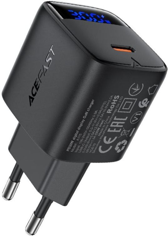 Сетевое зарядное устройство AceFast 1xUSB-С 30W with digital display Gan A115 Black (6974316284444)