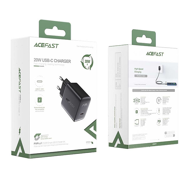 Фото - Сетевое зарядное устройство AceFast A1 PD20W single USB-C charger Black (6974316280033)