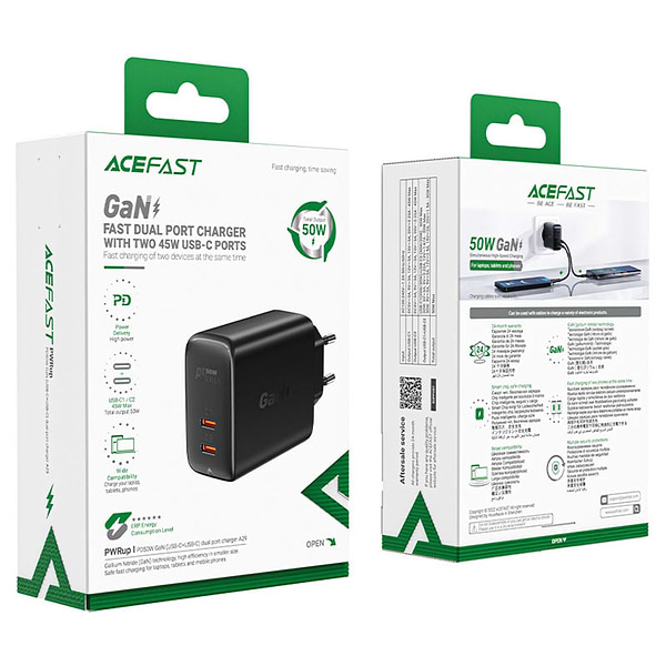 Фото - Мережевий зарядний пристрій AceFast 2xUSB 50W (USB-C+USB-C) Gan A29 Fast Charger Black (6974316281443)