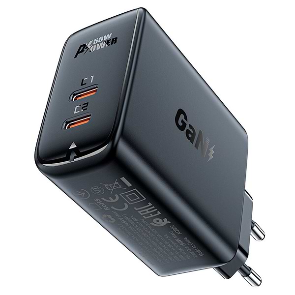 Фото - Мережевий зарядний пристрій AceFast 2xUSB 50W (USB-C+USB-C) Gan A29 Fast Charger Black (6974316281443)