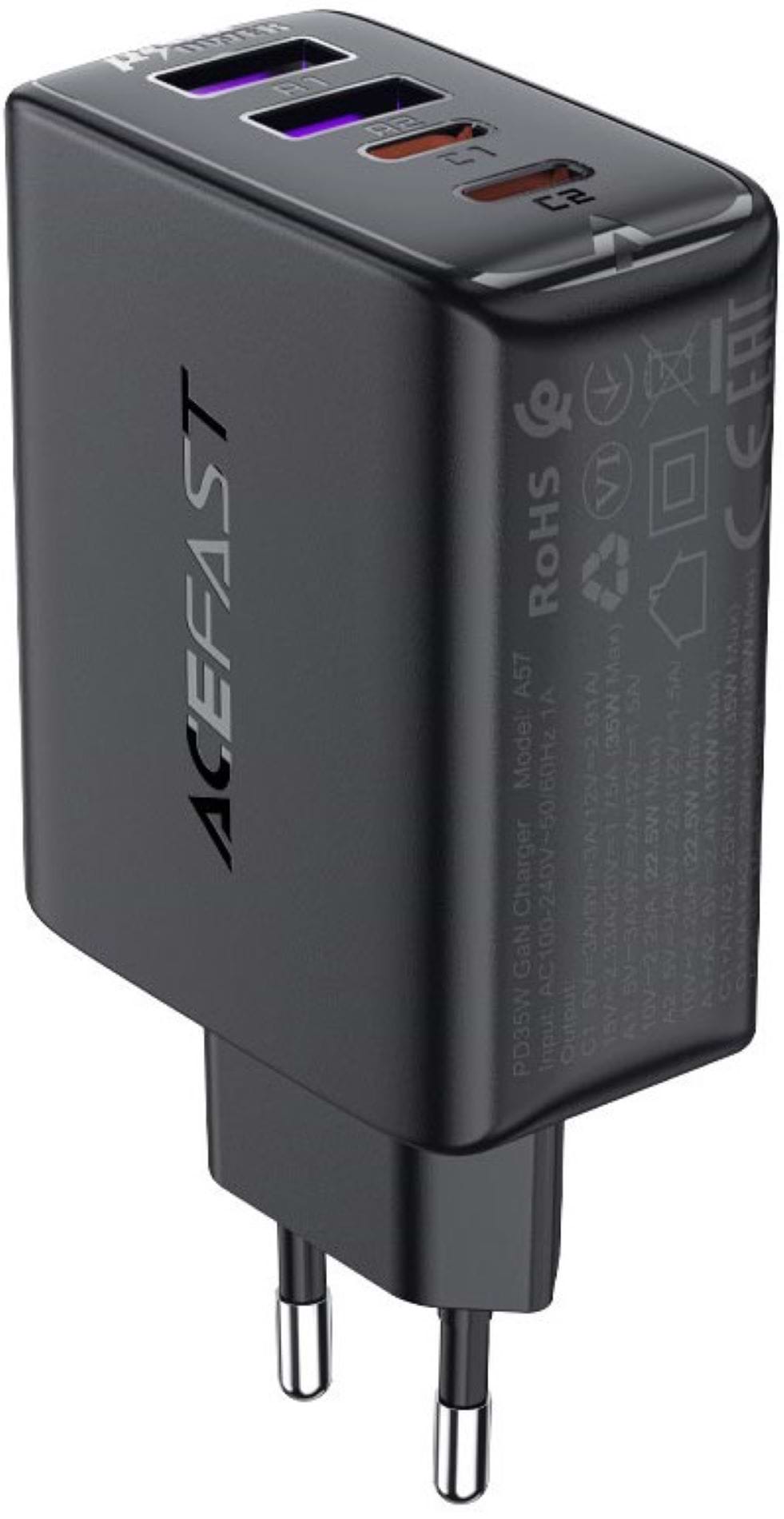 Мережевий зарядний пристрій AceFast 4xUSB 45W (2xUSB-C+2xUSB-A) Gan A61 Fast Charger Black (6974316282754) - Фото 1