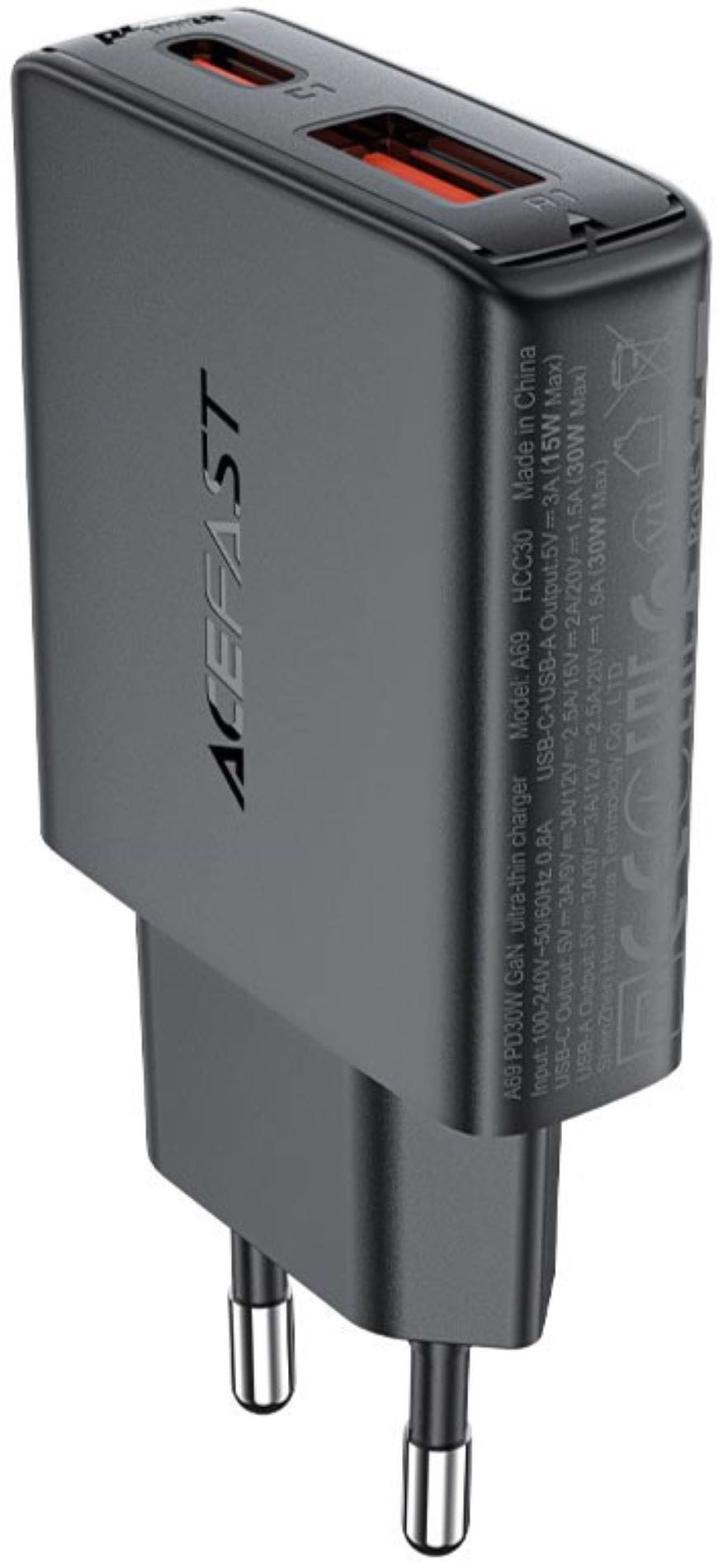 Мережевий зарядний пристрій AceFast 2xUSB 30W (USB-C+USB-A) Gan A69 ultra-thin Fast Charger Black (6974316282709) - Фото 1