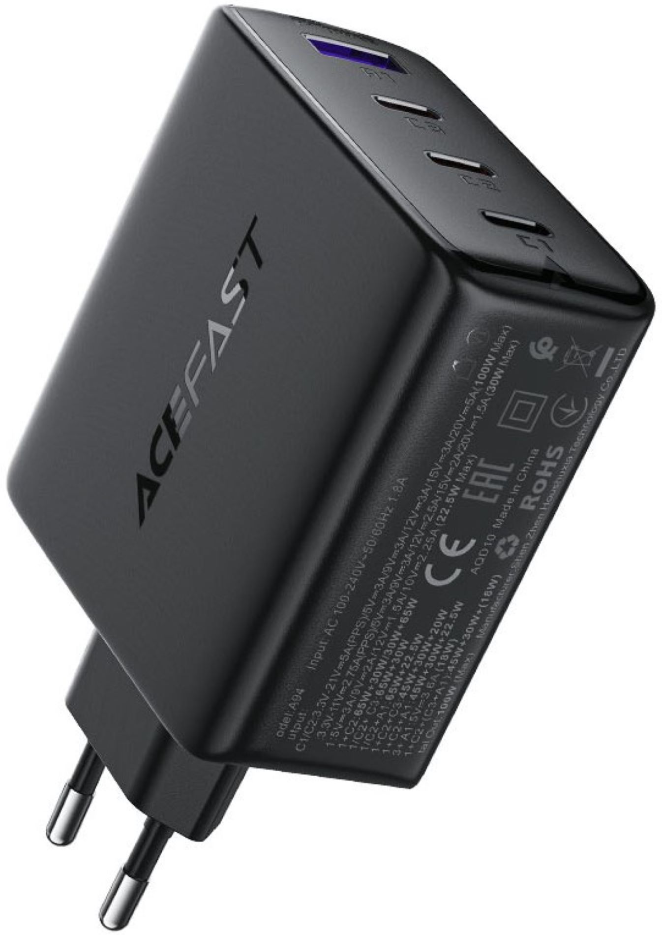 Мережевий зарядний пристрій AceFast 4xUSB 100W (3xUSB-C+USB-A) Gan A94 Fast Charger Black (6974316283133) - Фото 1