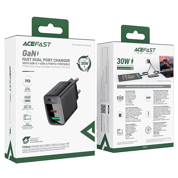 Фото - Сетевое зарядное устройство AceFast 2xUSB 30W (USB-C+USB-A) Gan A98 Black (6974316283263)